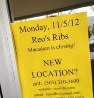 Reo's Ribs Portland Closed Sign