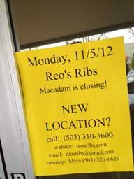 Reo's Ribs Portland Closed Sign