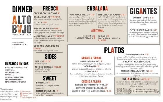 Alto Bajo dinner menu Summer 2018