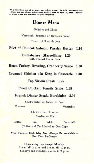 Mallory Hotel Portland dinner menu 1945